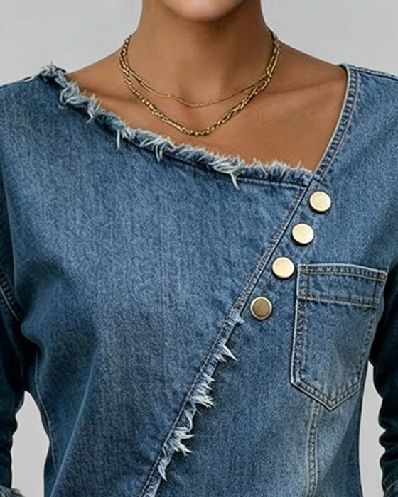 Bluse Jeans Skrå Krage Langermet