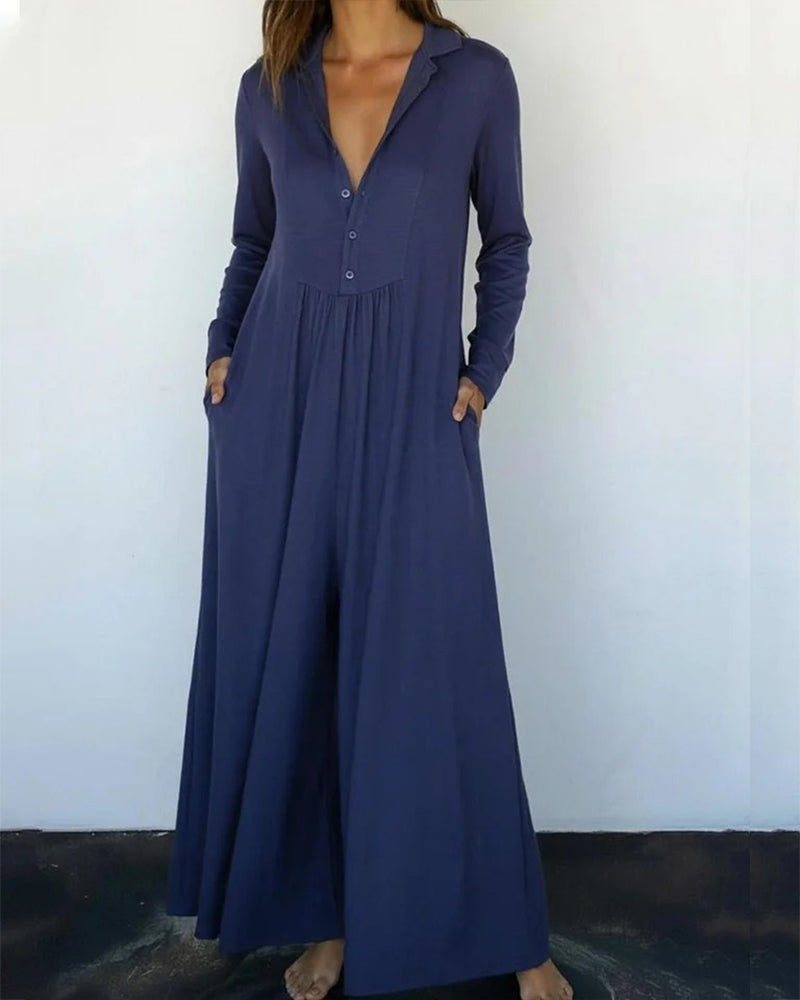 Jumpsuit Ensfarget Knapper Opp Casual