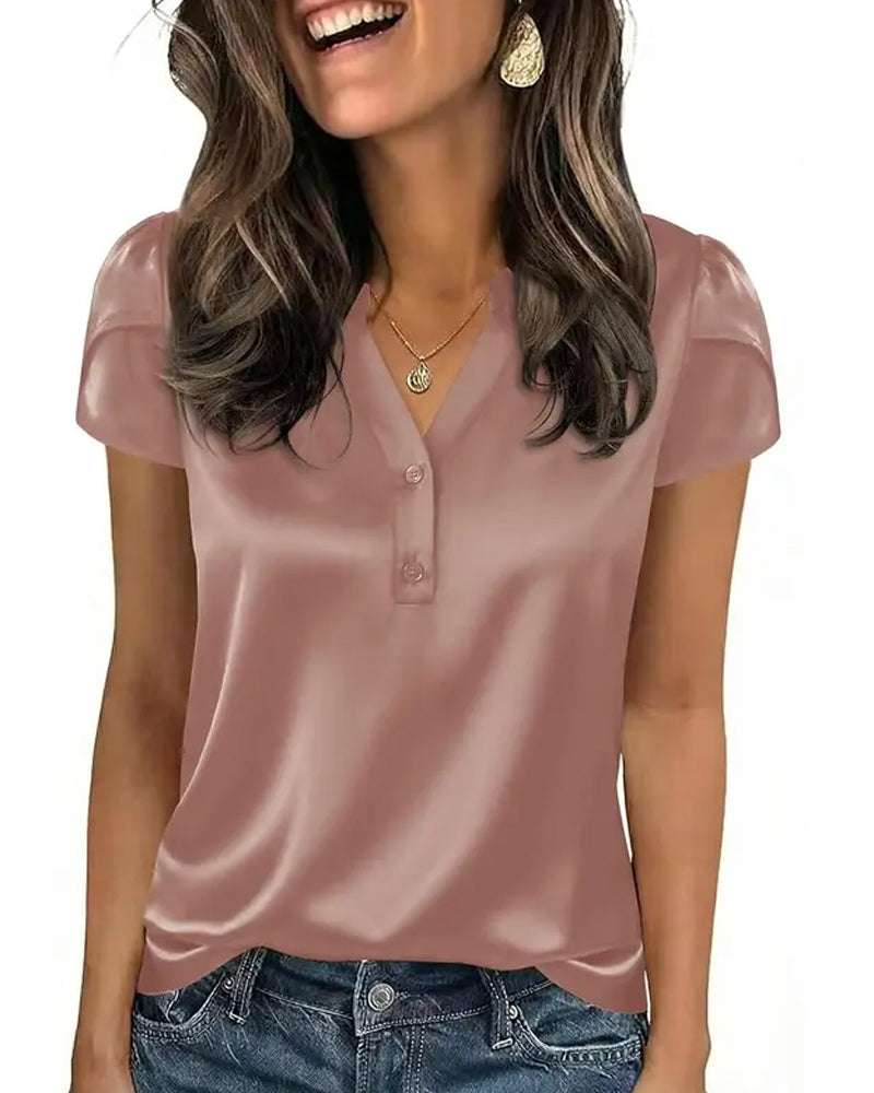 Bluse V-Hals Knapp-Feste Kortermet