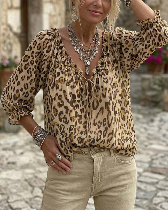 Bluse Leopardmønster V-Hals Pufferme Snøring