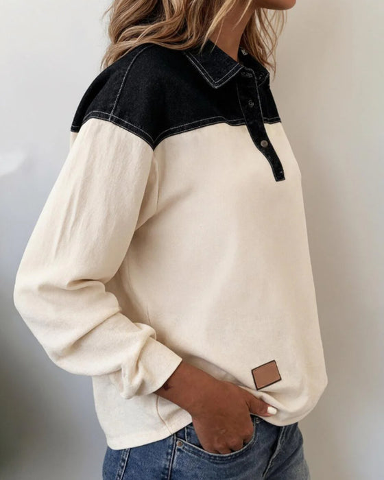 Bluse casual lapel denim patchwork