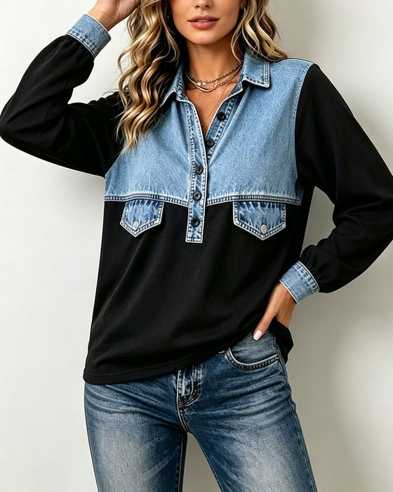 Sweatshirt Skjortekrage Lomme Patchwork