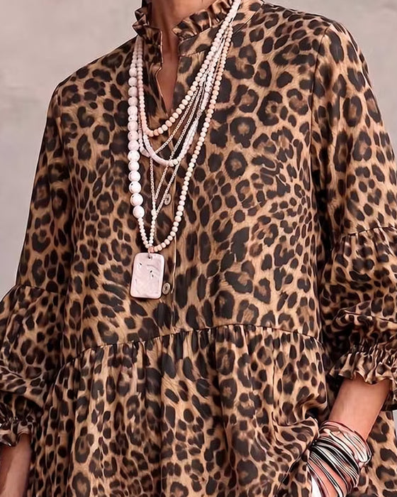 Topp Leopard Trykk Rynke Trim Knapp