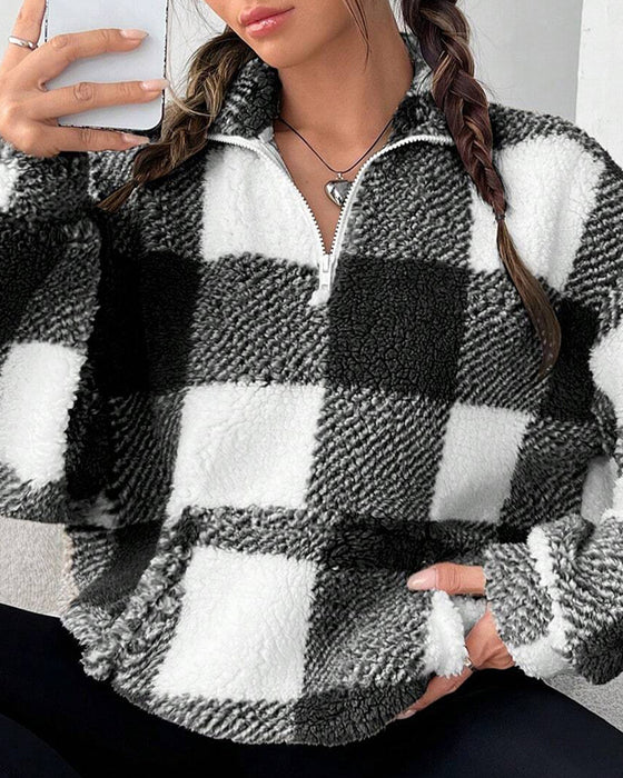 Sweatshirt Halv-Zip Ståkrage Rutemønster