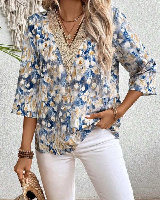 Bluse V-hals Trekvart Erme Blomstret Trykk