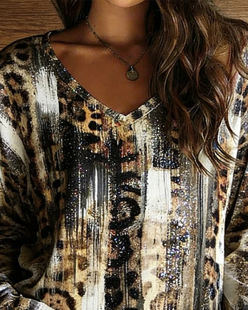 T-Skjorte V-Hals Leopard Trykk Gradient Lang Erme