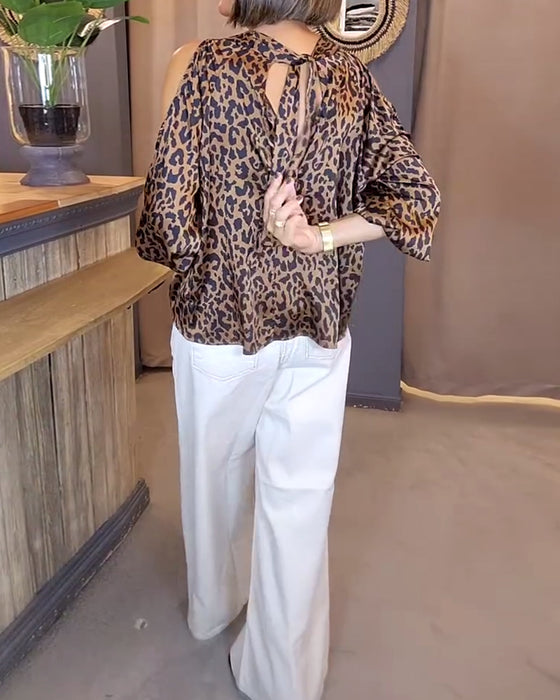 Bluse Med Bånd Over Skuldrene Leopardmønster
