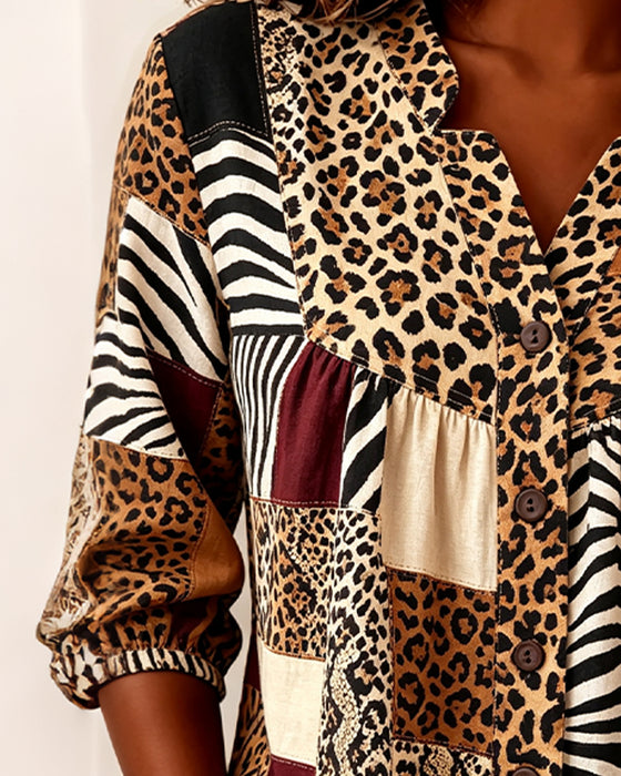 Bluse Leopard Fargeblokk V-Hals