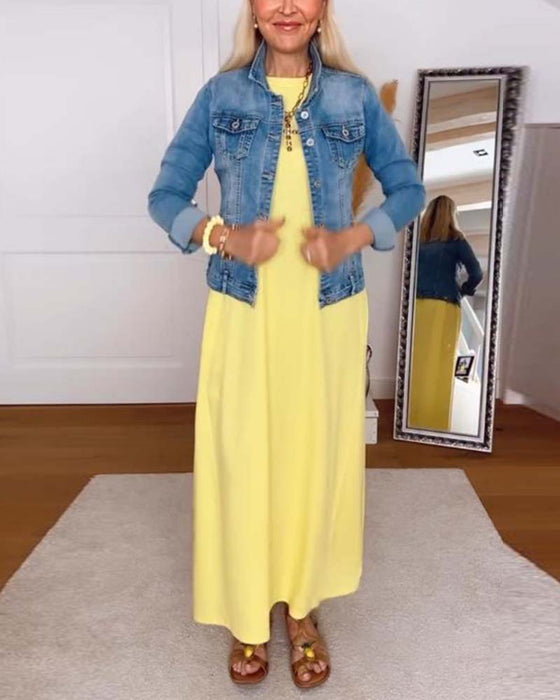 Kjole Casual Rund Hals Ensfarget Rett