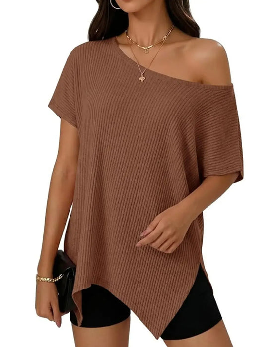 T-Shirt Uregelmessig Off-Shoulder Kort Erme Ribbet