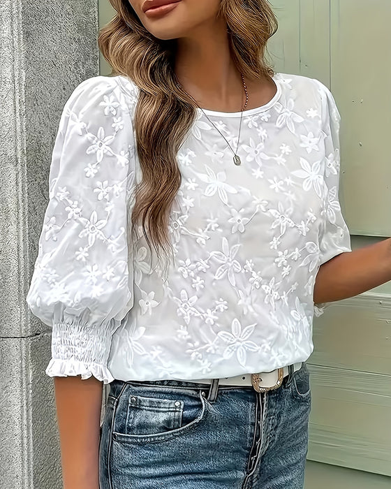 Bluse Rund Hals Puffererme Tredimensjonal Blomstret