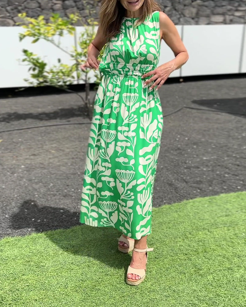 Kjole Ermløs Lang Midje Trykt