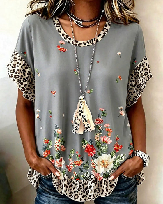 T-Skjorte Leopard Lappeteppe Blomstret Trykk