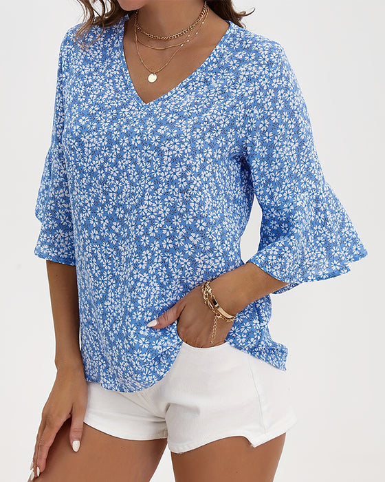 Bluse V-Hals Floral Sommerfugl Erme
