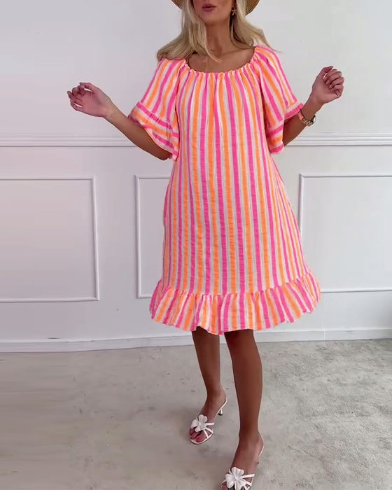 Kjole Rund Hals Stripete Plissért Skiftmodell