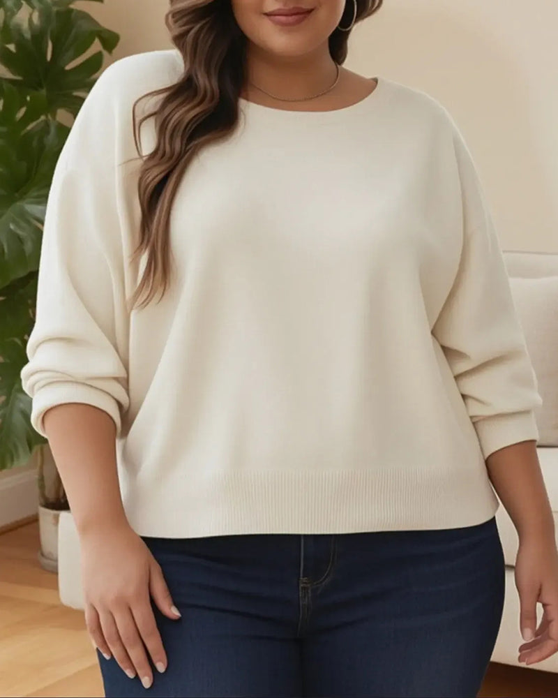 Pullover Rund-Hals Drop-Skulder Ensfarget Løs