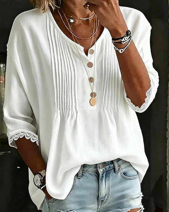Bluse Plissert Knapp Blondekant