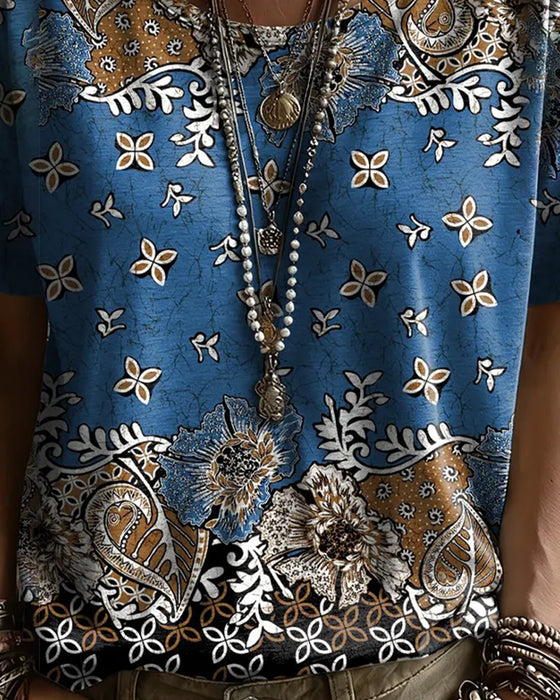 T-Shirt Vintage Blomstret Fargeblokk Rundhals