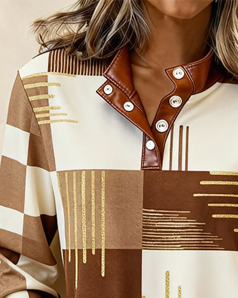 Fargeblokkert Genser Med Ståkrage Og Knappslås Foran