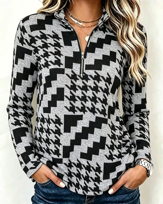 Topp Houndstooth Halv-Zip Ståkrage Langermet