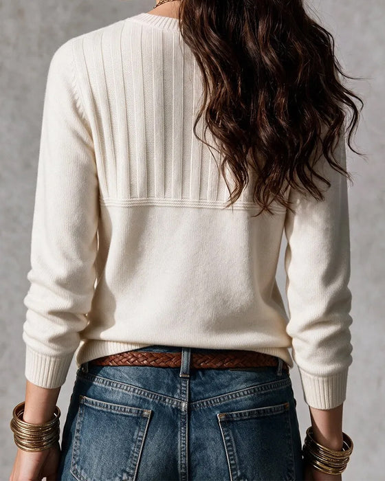 Pullover Rund Hals Stripe Knapp Foran Solid Strikket