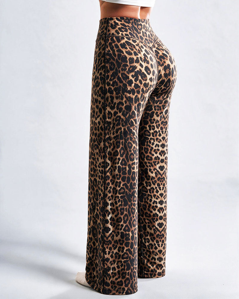 Bukse Dame Leopard Trykk Bred Ben Athletic