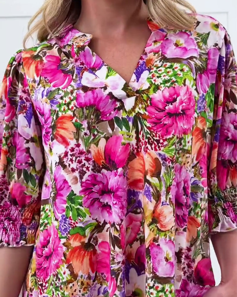 Bluse Kort Erm Moteriktig Blomstret