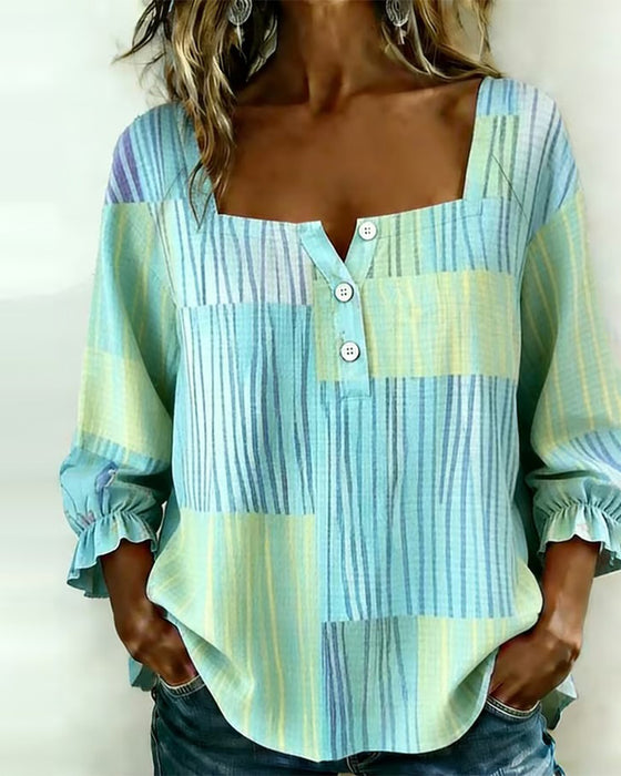 Bluse Stripe Firkantet Hals 3/4-Erm