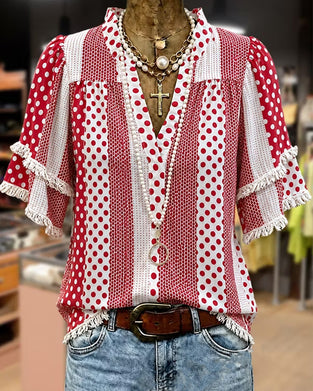 Bluse V-Hals Prikket Fryns Patchwork