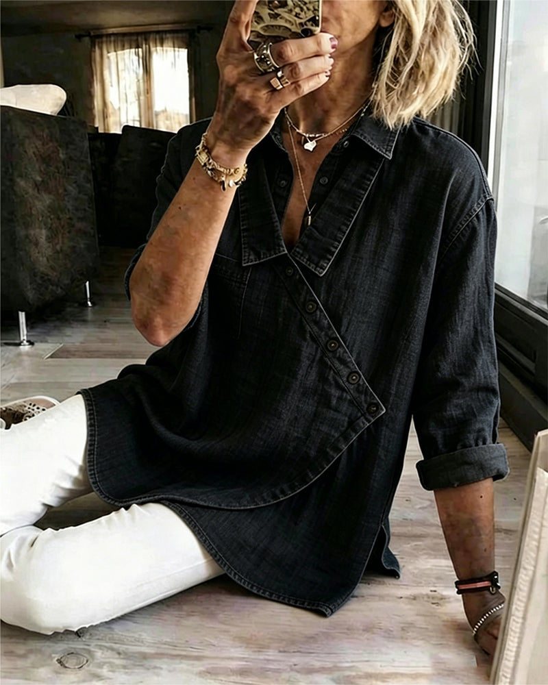 Bluse Ensfarget Diagonal Knapp Jakkeslag Langermet