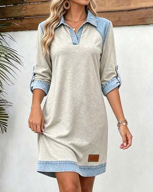 Kjole Denim Patchwork Polo Krage Lang Erme