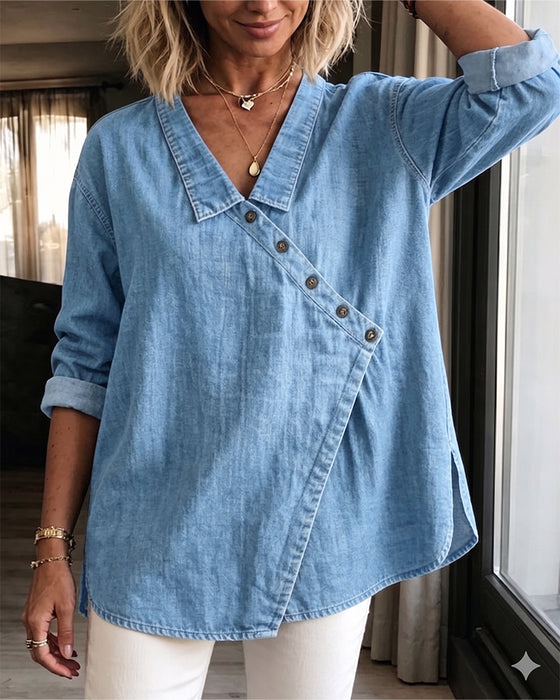 Bluse Ensfarget Diagonal Knapp Jakkeslag Langermet