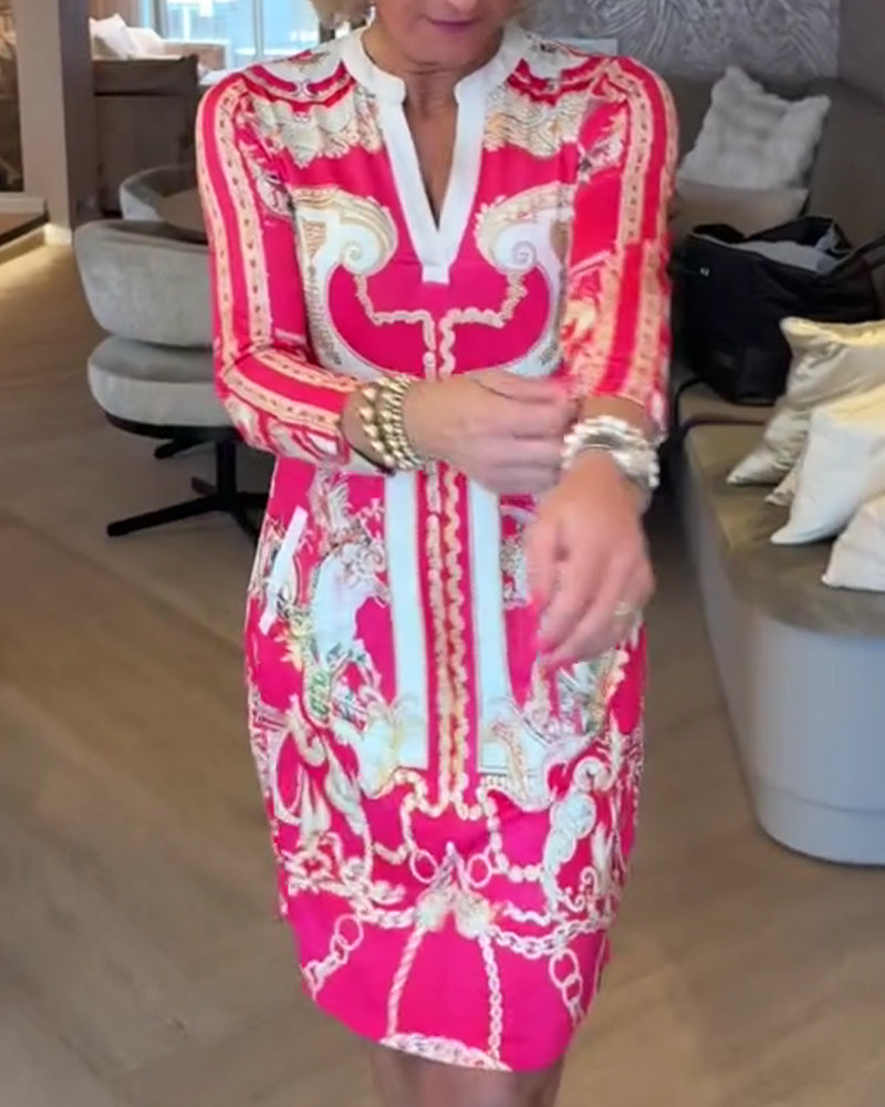 Kjole V-Hals Trekvart Erme Trykt Rett