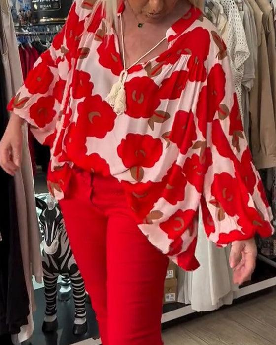 Bluse Stor Blomstret Knyting V-Hals