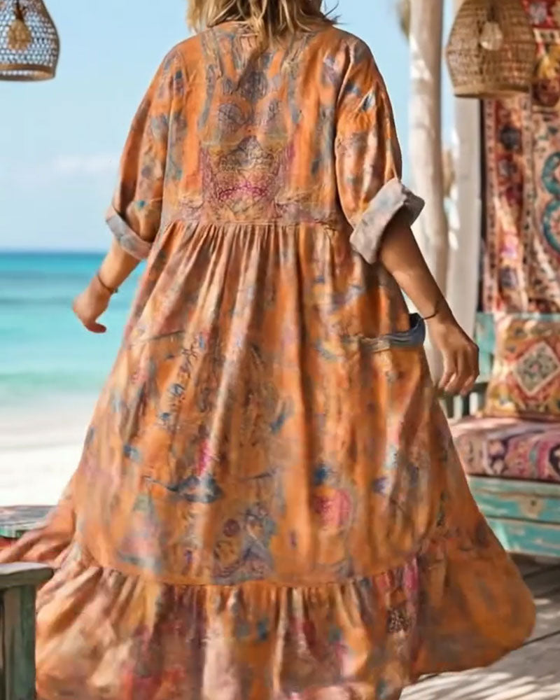 Kjole Retro Blomstre Trykk V-hals Maxi