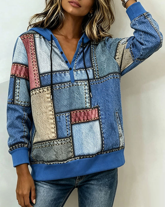 Hoodie V-Hals Fargeblokk Knapp