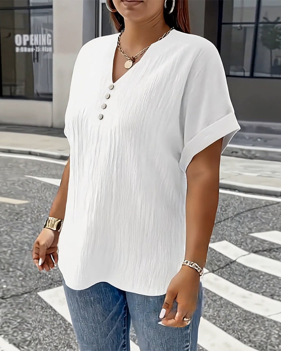 100% Bomull T-Skjorte V-Hals Løs Teksturert