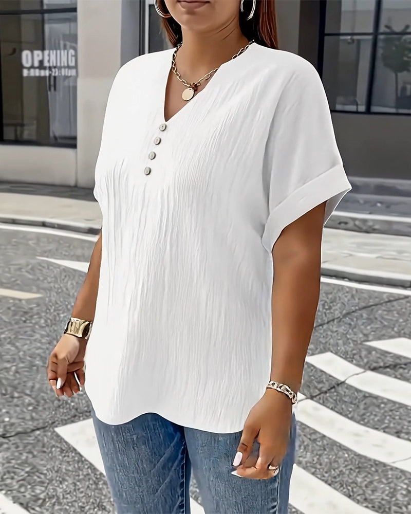 100% Bomull T-Skjorte V-Hals Løs Teksturert