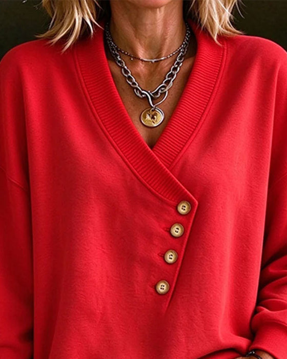 Sweatshirt Diagonal Knapp V-Hals Pullover