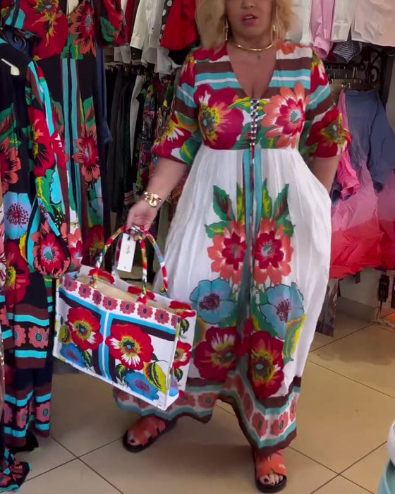 Dyp V løs tilfeldig blomsterkjole