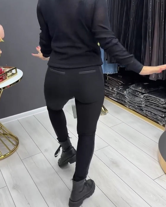 Leggings PU Lappverk Glidelås Utsmykket