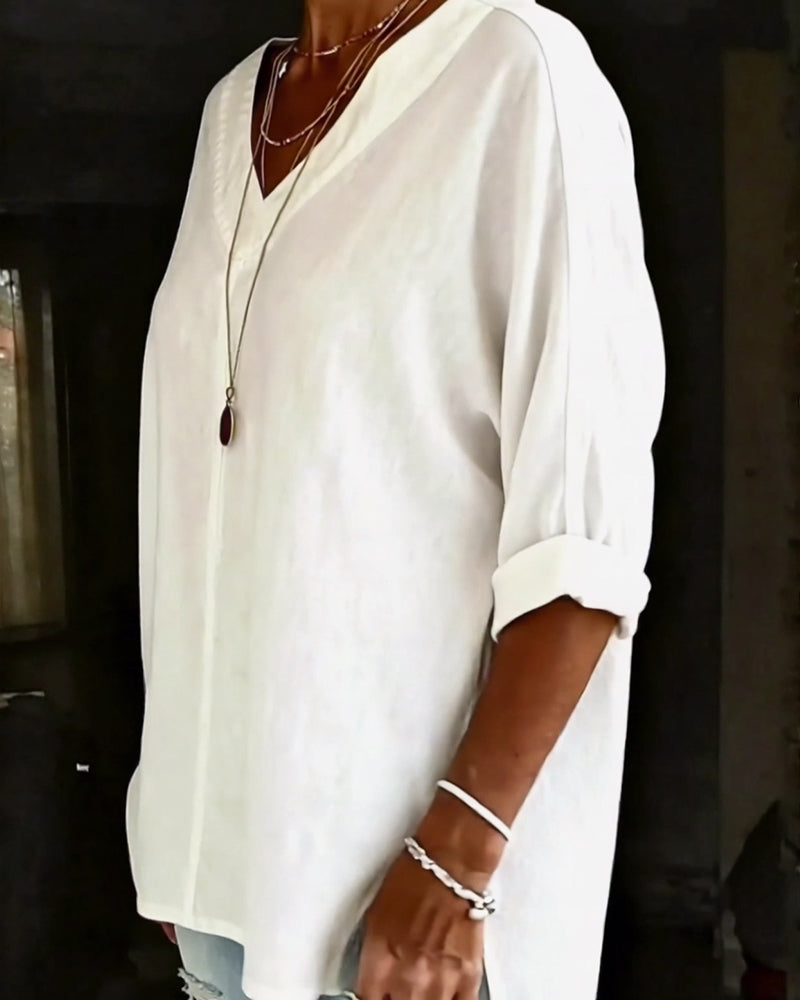 Topp 100% Bomull V-Hals Trekvart Erme Splitt