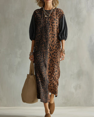 Kjole Leopard Trykk Fargeblokk Puff Erme
