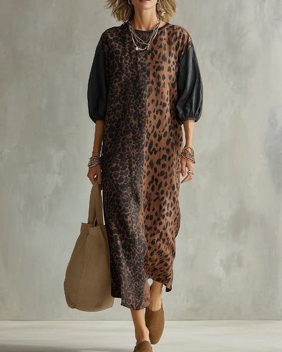 Kjole Leopard Trykk Fargeblokk Puff Erme