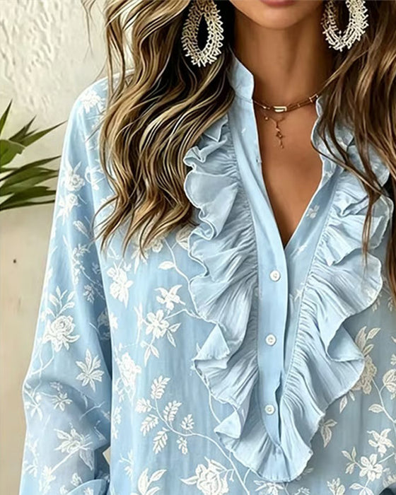 Bluse Knapp Foran Ruffle V-Hals Puffererme