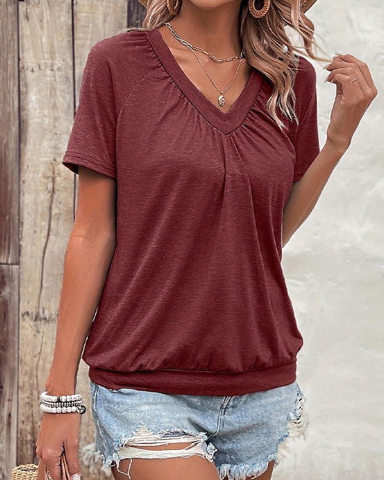 T-Skjorte Casual Plisserte V-Hals
