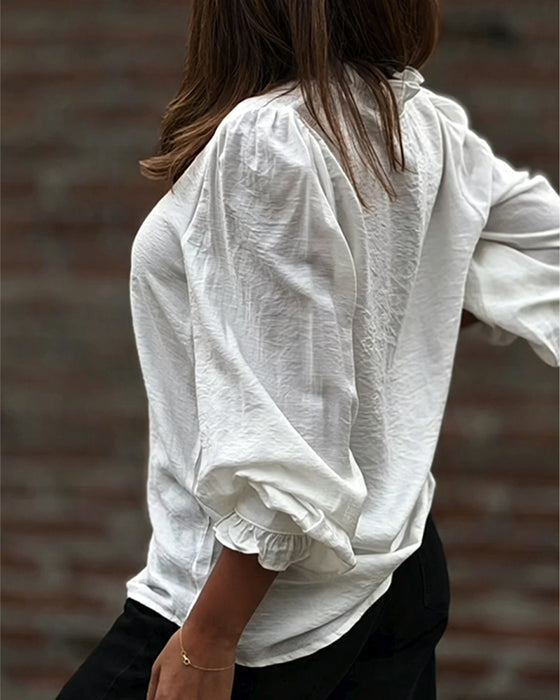 Bluse V-Hals Knapp Foran Ruffle Puffererme