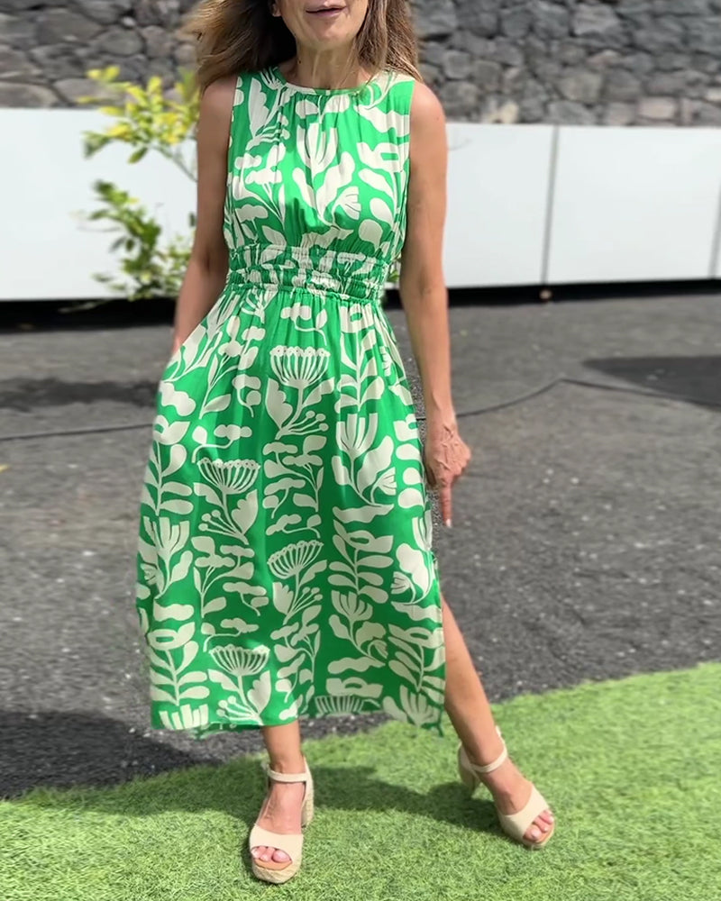 Kjole Ermløs Lang Midje Trykt