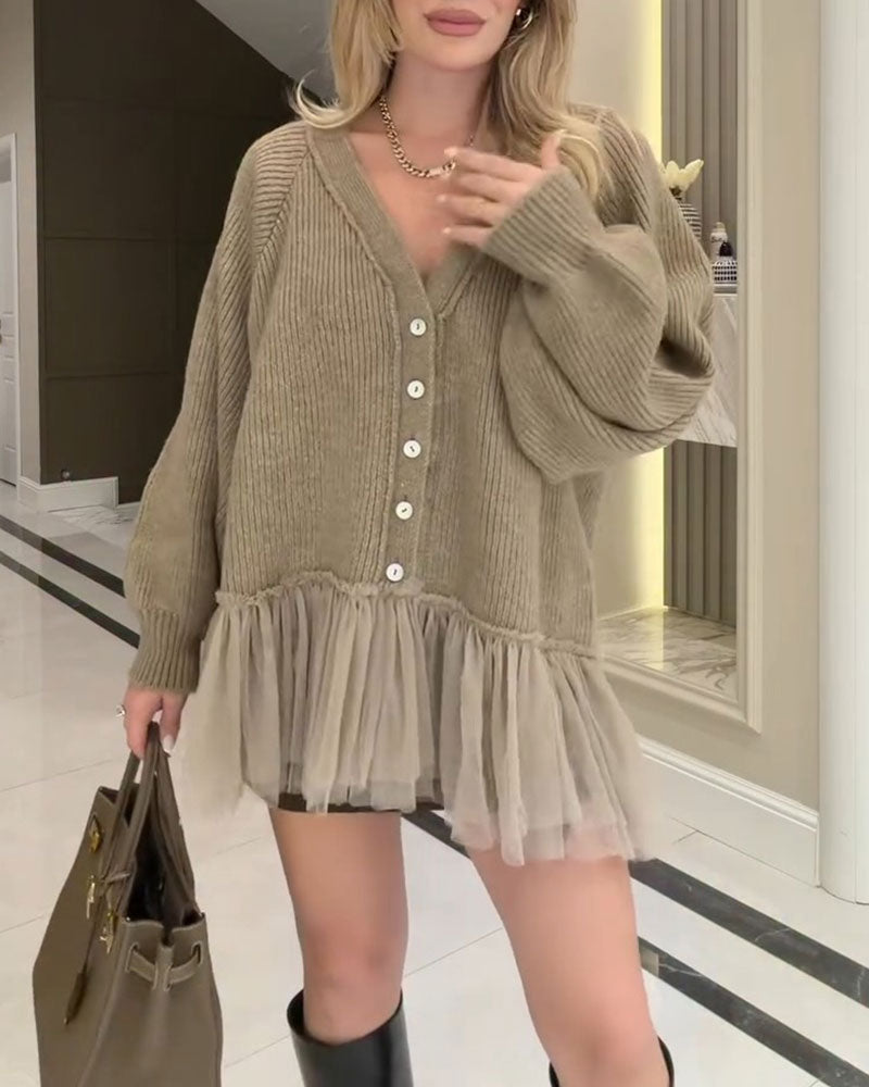 Cardigan V-Hals Mesh Ruffle Patchwork