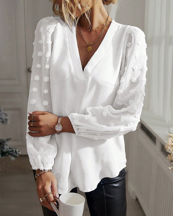 V-hals T-skjorter Med Puntillistning Patchwork Og Lykt Ärmar